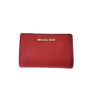 Michael Kors Jet Set Travel Medium Bifold Zip Coin Wallet Cherry Leather